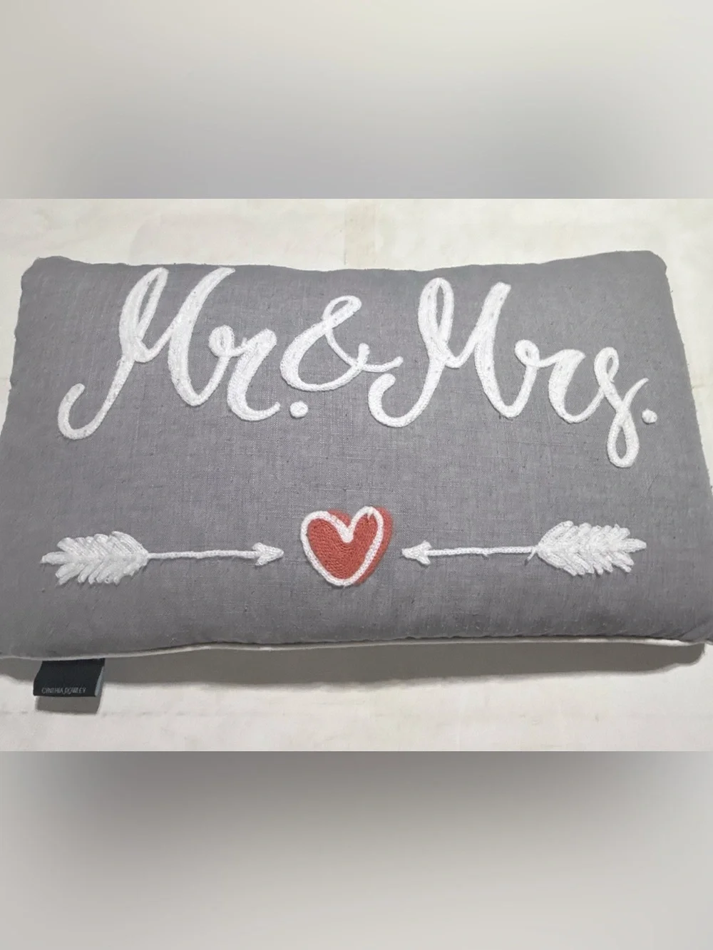 Cynthia Rowley Gray 'Mr. & Mrs.' Embroidered Accent Pillow with Red Heart